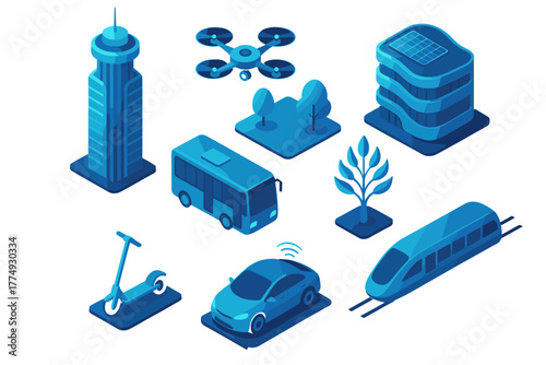 Isometric blue transport and urban icons with buildings and technology elements