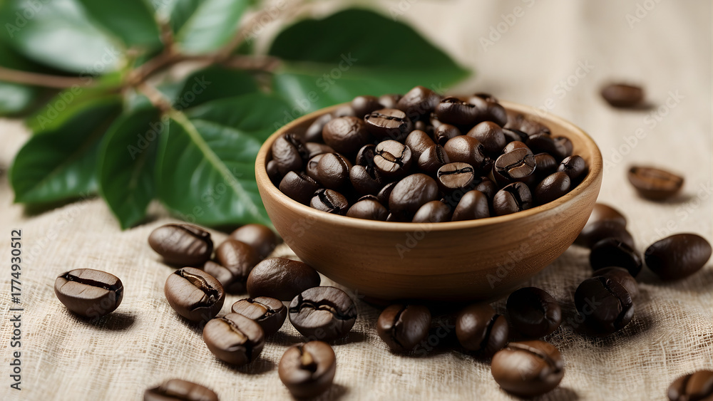 Fototapeta premium Coffee beans filling a cup on a clean white background