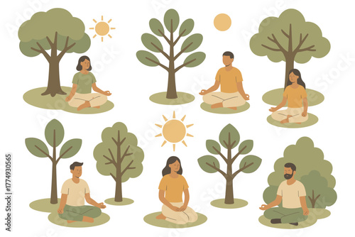 People meditating outdoors among trees in calm nature setting with sun
