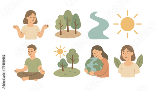 Peaceful nature elements and characters in a minimalist art style