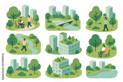 Urban green spaces: people enjoying nature in modern city environments