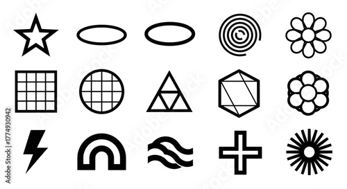 A collection of minimalist, abstract geometric shapes and grids in a brutalist, contemporary style, featuring a star, ovals, a spiral, a flower, a grid, a circle, a triangle, a hexagon, a lightning