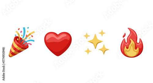 A vibrant collection of popular emojis, including a festive party popper exploding with confetti, a bold red heart symbolizing love, sparkling yellow stars representing brilliance, and a fiery red