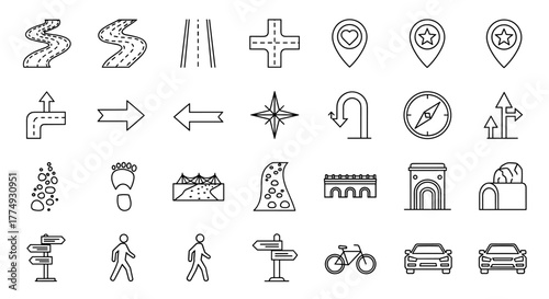Collection of Way and Path Related Line Icons, including Road and Map Pin Outline Signs, perfect for Graphic and Web Design, Apps, Advertisements, Various Cards, and Vector Cartoon Projects. This