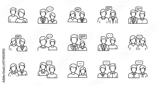 Set of 15 modern outline style icons depicting faceless people in conversation, presented as a vector cartoon illustration on a white background, ideal for design projects related to communication