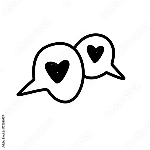 Minimalistic black and white doodle of two overlapping chat bubbles with heart symbols inside, symbolizing love communication and online romance, suitable for Valentine cards, stickers, and posters.