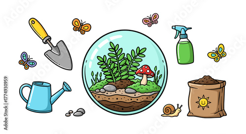Charming flat vector illustration set showcasing essential terrarium elements in vibrant colors, perfect for children's designs and gardening themes. Features a glass globe terrarium with lush