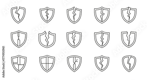 Collection of Cracked Shield Outline Icons, representing vulnerability, broken security, and damage, perfect for graphic design, web sites, cards, books, and articles, presented as a vector cartoon