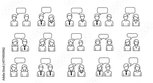 Set of 15 faceless people icons in outline linear style, depicting conversations and interactions, perfect for modern communication and business concepts, presented on a clean white background for