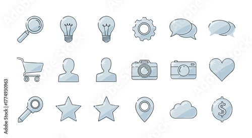 Collection of 18 sleek, modern, and versatile thin line icons with a glass effect, perfect for web design, apps, books, and cards. Includes essential symbols like a magnifying glass, lightbulb, gear