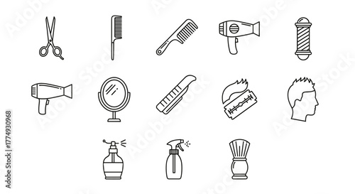 A comprehensive collection of white line art icons representing essential barber and hairstylist tools, including scissors, combs, a hairdryer, a mirror, a straight razor, a barber pole, a hairspray