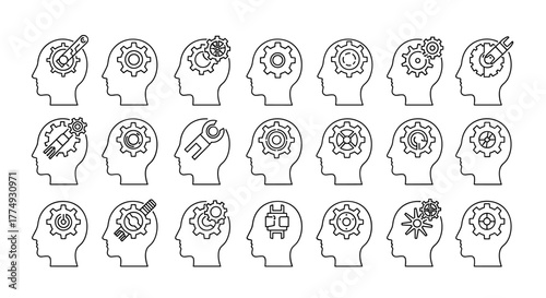 Set of minimalistic line icons depicting a human head profile with various gears and mechanical elements inside, symbolizing thought processes, ideas, and intelligence. This collection is perfect for