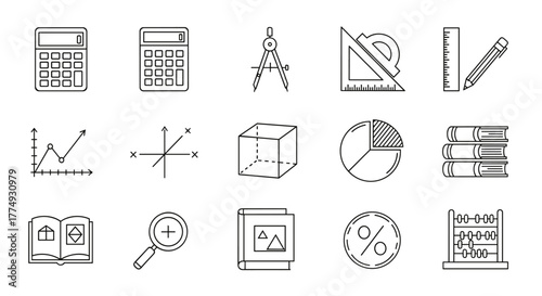 A comprehensive collection of linear icons representing mathematical and geometric tools, including calculators, compasses, rulers, protractors, graphs, 3D cubes, pie charts, books, magnifying