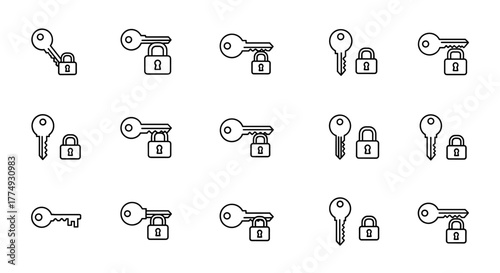 Set of 9 outline icons representing keys and locks, perfect for graphic and web design, apps, adverts, and various cards. This vector cartoon illustration features a white background and a clean