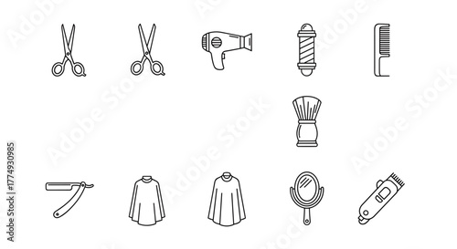 Collection of clean line art icons representing barber shop and haircutting tools, including scissors, hair dryer, barber pole, comb, shaving brush, straight razor, cape, mirror, and electric