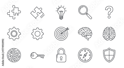 Set of white line icons on a black background representing concepts of business, strategy, and problem-solving, including puzzle pieces, gears, a lightbulb, magnifying glass, question mark, target