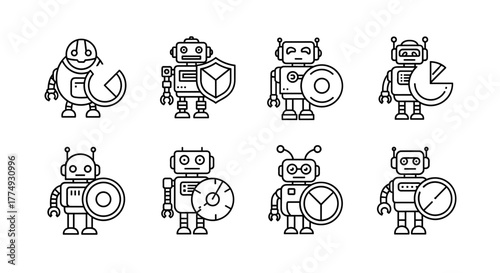 A stylized, minimalist vector illustration of a robot holding a shield, presented as an outline line icon. This versatile graphic is perfect for web design, app development, advertising campaigns