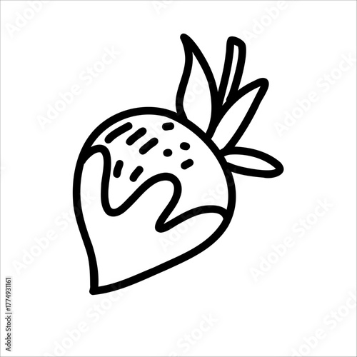 Doodle illustration of a strawberry dipped in chocolate. Simple hand-drawn Valentine dessert symbolizing sweetness and romance, for greeting cards, stickers, prints, menus, and packaging design