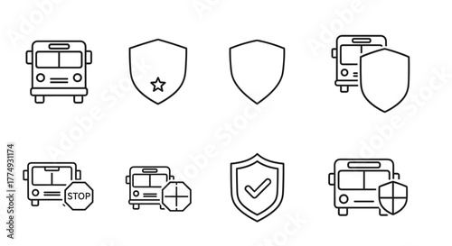 Set of minimalistic bus and shield pictograms, drawn with thin lines on a white background. Includes icons representing bus security, protection, and safety, with variations like a stop sign and a