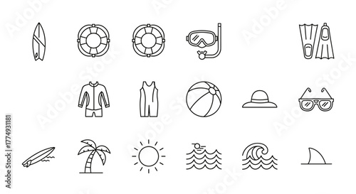 Collection of minimalist line icons representing summer and beach activities, including a surfboard, lifeline, diving mask, wetsuit, beach ball, sun hat, sunglasses, palm tree, sun, waves, and a