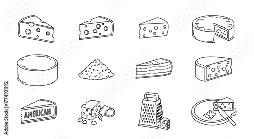 Collection of various cheese types in outline style, including wedges, rounds, grated cheese, and a cheese grater, perfect for graphic design, web, apps, adverts, and cards, presented as a vector