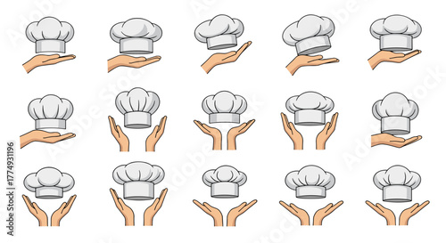 Collection of Chef Hats Held by Hands, Representing Culinary Excellence and Professionalism. This Vector Cartoon Illustration Features Editable Strokes, Ideal for Graphic Design, Websites, Cards