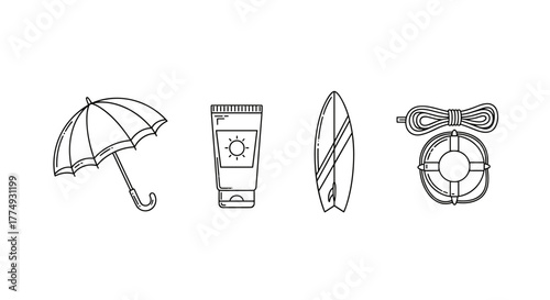 Collection of minimalist line art icons representing summer and beach essentials: an open umbrella for shade, a tube of sunscreen for sun protection, a surfboard for water sports, and a lifeline with