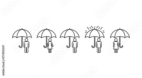Diverse group of five stylized figures, each under a distinct umbrella, symbolizing protection, unity, and individual needs in a minimalist line art style against a stark black background, suitable