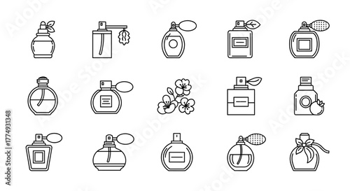 Collection of elegant perfume bottle line icons, featuring various shapes and designs like atomizers, classic bottles, and decorative flasks, perfect for web, books, cards, and apps, presented as a