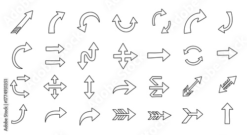 A diverse collection of hand-drawn vector arrows in a doodle style, presented on a clean white background, serving as essential design elements and ordered line icons for various applications
