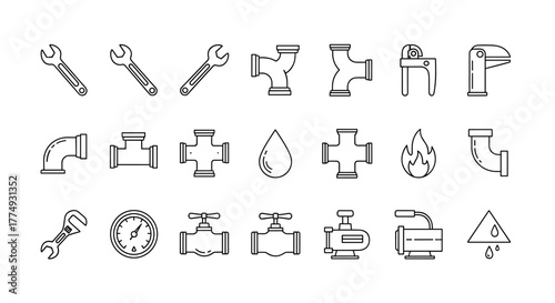 Set of 16 thin line icons representing various pipe fittings and plumbing elements, perfect for technical diagrams, construction, or DIY projects. These editable stroke vector graphics are suitable