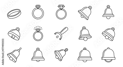 Collection of outline icons representing rings and bells, featuring editable strokes, perfect for infographics, articles, books, flyers, and banners, presented as a vector cartoon illustration with a