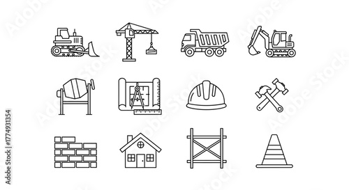 Set of minimalistic linear icons representing different construction types, including buildings, scaffolding, and structural elements, designed for versatile application in cards, apps, banners, and