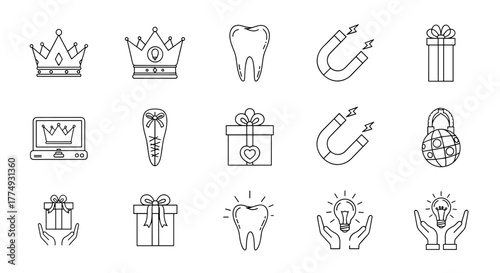 A collection of outline icons representing charity, gifts, and success, featuring a crown, a tooth, a magnet, a lightbulb held between hands, and a globe lock, perfect for graphic design, web, and