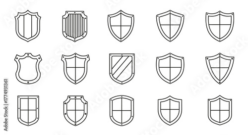 Collection of outline shield symbols representing protection, security, and defense, ideal for graphic and web design, apps, adverts, and various cards. This vector cartoon illustration features a