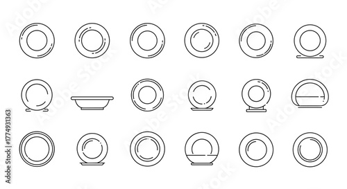 Set of minimalist linear icons representing plates and dishes in various styles and perspectives, perfect for web design, graphic applications, social media banners, and card designs, offering a
