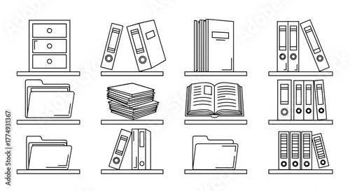 Collection of shelved documents and office supplies in outline style, featuring a filing cabinet, folders, binders, stacks of papers, and an open book, perfect for infographics, articles, books