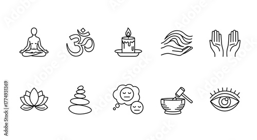 A serene and minimalist vector cartoon illustration depicting the sign of meditation, perfect for graphics, apps, and conceptual designs. This clean, ordered line icon on a white background evokes