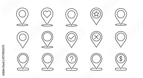 Set of 15 minimalistic linear map pin icons with editable stroke, featuring various symbols like heart, star, checkmark, cross, question mark, and dollar sign, perfect for digital design elements on