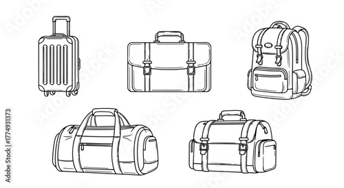 Collection of five minimalist line art icons representing different types of luggage and bags, including a rolling suitcase, a briefcase, a backpack, a duffel bag, and a travel bag, all presented on