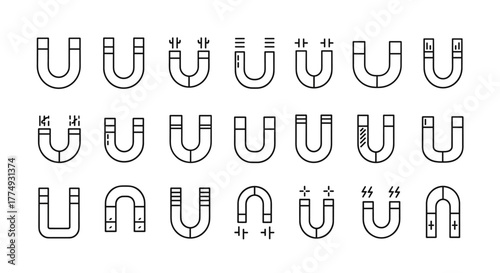 Collection of single-line icons representing horseshoe magnets with various magnetic field indicators, including lines, sparks, and plus/minus signs, perfect for science, technology, and education