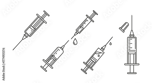 Minimalistic thin outline icons of syringes for web and graphic design, apps, banners, social networks, and cards. Vector cartoon illustration of medical injection tools, symbolizing healthcare