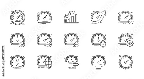 Speedometer line icon collection, featuring various gauges with indicators for speed, performance, and status. Includes icons for checkmark, plus, minus, timer, gear, lightning, shield, and