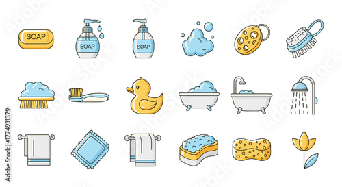 A vibrant and clean set of cartoon-style icons representing various bathroom and hygiene essentials, perfect for web, print, and app design. Includes soap bars, liquid soap dispensers, bath brushes