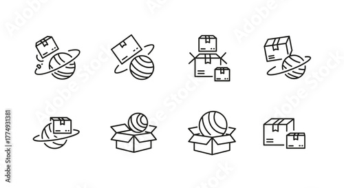 Set of thin line icons representing boxes and planets, symbolizing global shipping, logistics, and delivery services. These versatile vector graphics are perfect for apps, websites, and conceptual