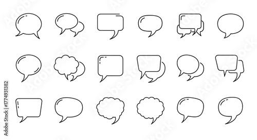 Collection of various speech bubble line icons, featuring outline signs for graphic and web design, apps, adverts, and cards, presented as a vector cartoon illustration with a white background for