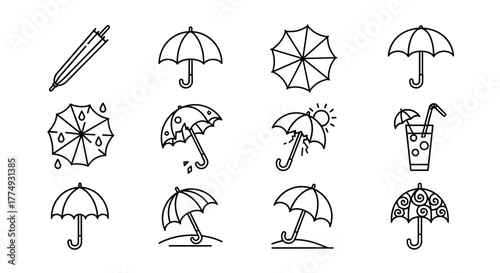 Collection of stylized umbrella and parasol icons, perfect for graphic design, web sites, cards, books, and articles. This vector cartoon illustration features a white background, offering versatile