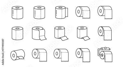 Collection of simple linear outline illustrations of toilet paper rolls, showcasing various perspectives and states of unrolling, perfect for web, print, and app designs, editable stroke for
