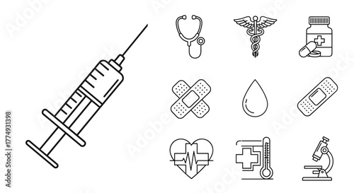 Collection of thin line medical icons on a black background, featuring a syringe, stethoscope, caduceus, medicine bottle, blood drop, bandages, heart with ECG, thermometer, and microscope