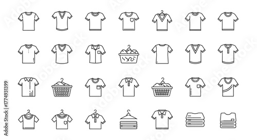 Set of thin line icons representing various T-shirts and clothing items, including folded clothes and laundry baskets, perfect for web, apps, books, and cards. Editable stroke vector cartoon